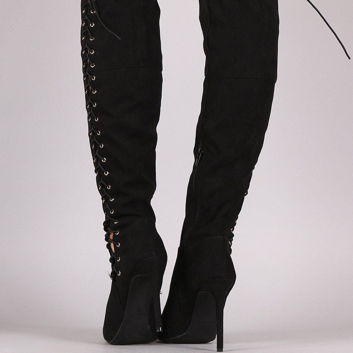 Black Vegan Suede Side Lace Up Stiletto Heel Over The Knee Boots