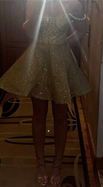 Cute Champagne Homecoming Dress Glittering Sequin Party Dress Pearl Straps A-Line Short Cocktail Dress TP4564