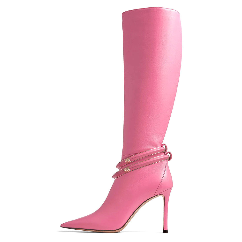 Stylish Pink Pointed Toe Strap Decor Stiletto Heel Knee High Boots