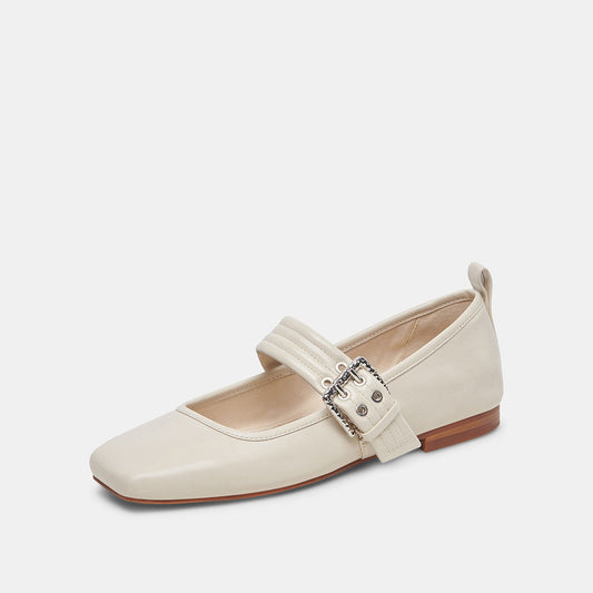 Ivory Patent Leather Square Toe Mary Jane Ballet Flats with Buckle
