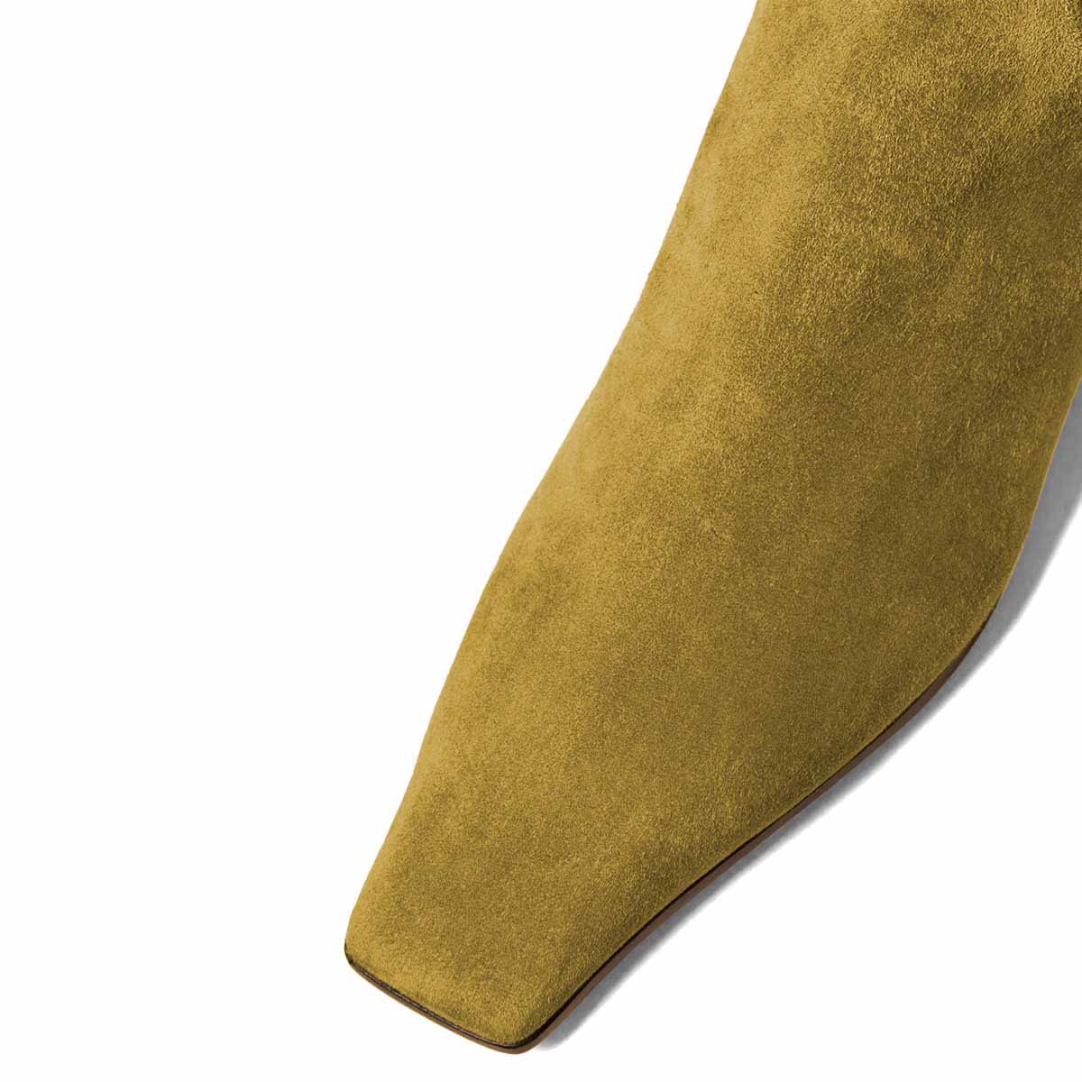 Vegan Suede Pull-On Square Toe Chunky Heel Knee High Boots in Olive