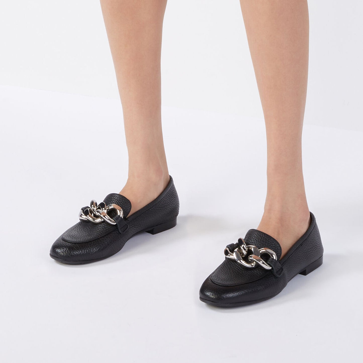 Black Closed Toe Chunky Heel Loafers with Chain