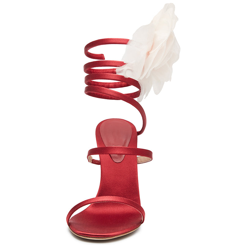 Red Satin Spiral Heels Open Toe Flower Shoes Stilettos Prom Sandals