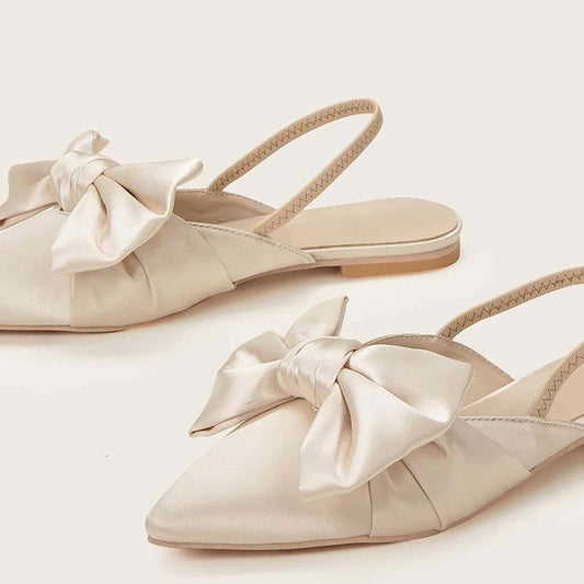Beige Satin Bow Bridal Shoes Elegant Pointed Toe Slingback Flats