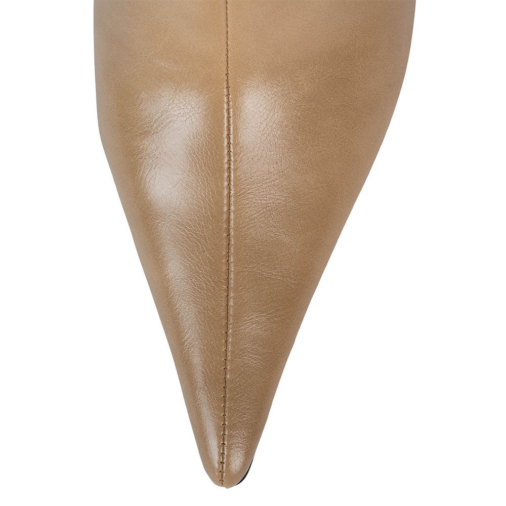 Tan Pointed Toe Stiletto Heel Pull-On Wide Calf Knee High Boots