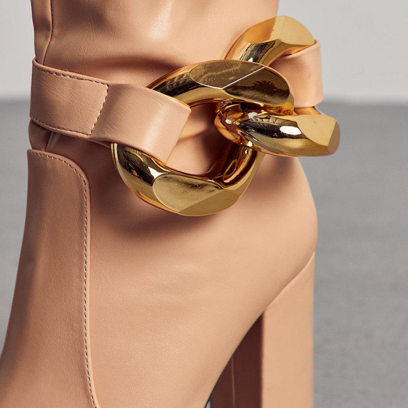 Nude Pointed Toe Chunky Heels Classic Metal Buckle Knee High Boots