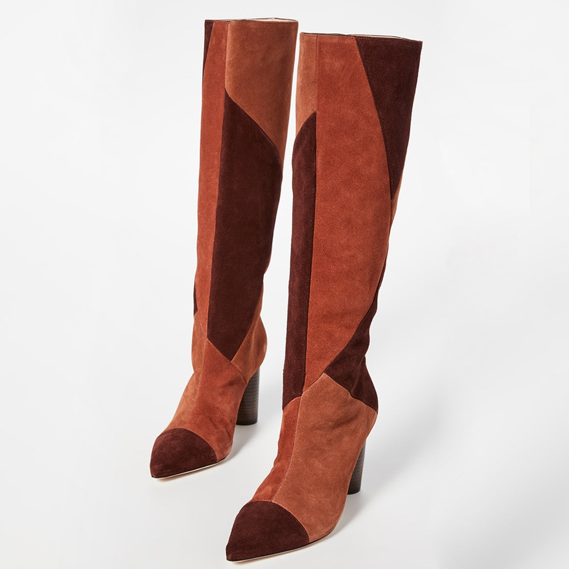 Tan & Maroon Vegan Suede Patchwork Chunky Heel Knee High Boots