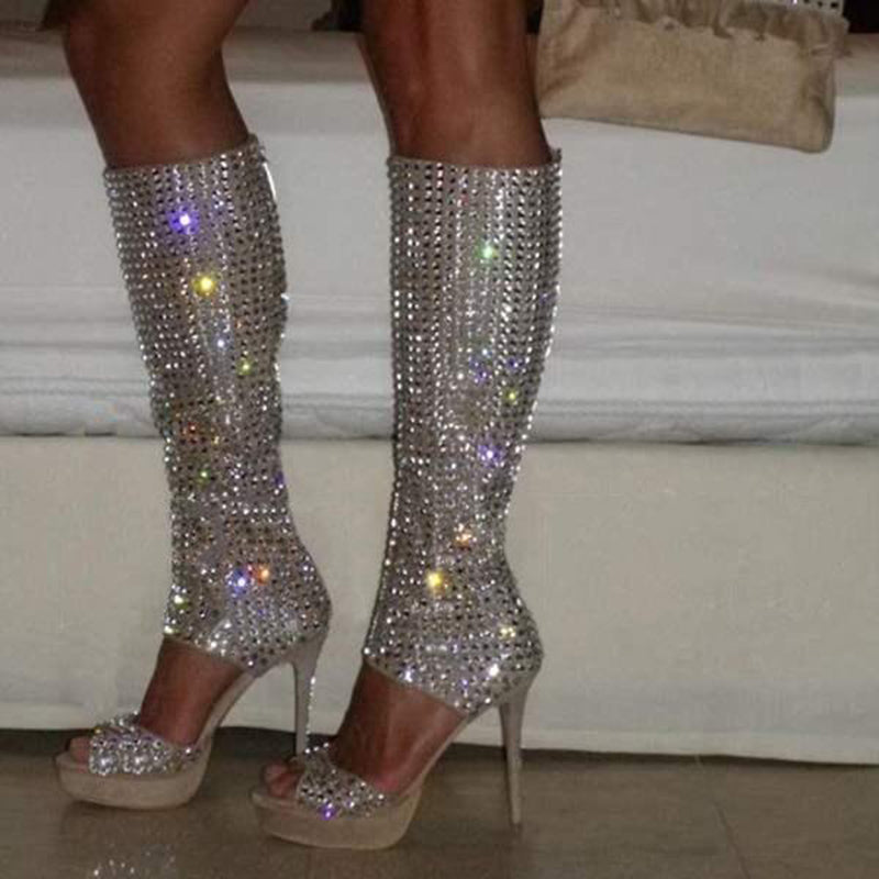 FSJ Open Toe Platform Rhinestones Stiletto Heels Knee High Boots