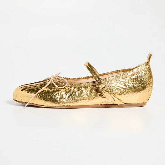 Gold Crinkled Metallic Finish Pleated Round Toe Bow Ballet Flats