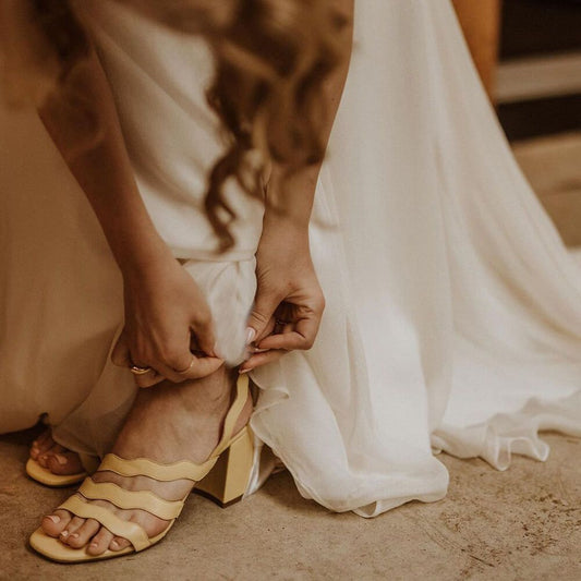 Yellow Open Toe Wavy Strap Chunky Heel Slingback Cute Sandals