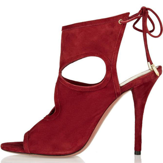 FSJ Peep Toe Cut Out Rear Lace Up Burgundy High Heel Shoes