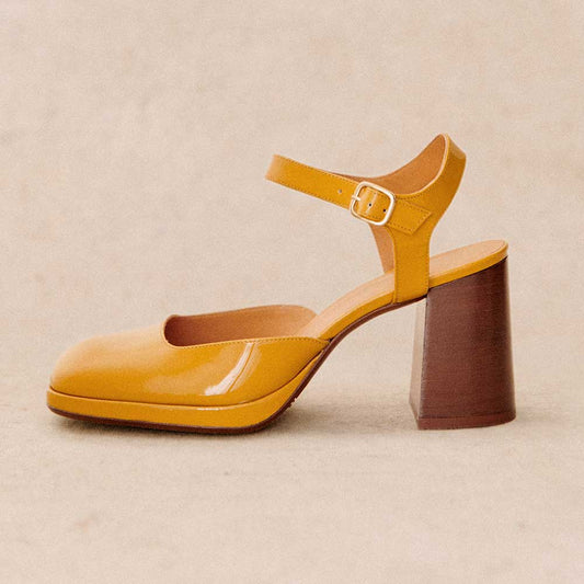 Yellow Patent Leather Round Toe Ankle Strap Mary Jane Heels