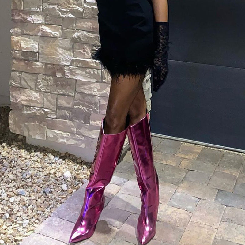 Fuchsia Pointed Toe Stiletto Heel Side Zip Knee High Boots for Women