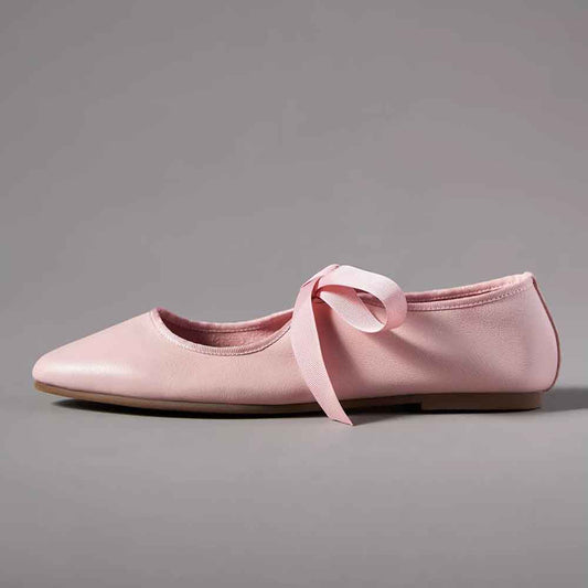 Pink Vegan Leather Ribbon Lace-Up Ballet Flats with Almond Toe