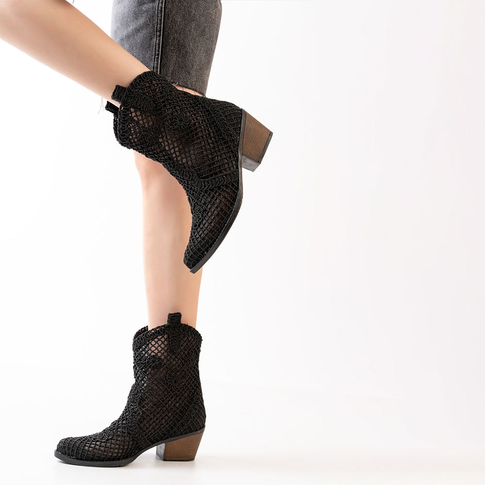 Women__ Classic Mid Block Heel Hollow-Out Black Western Boots