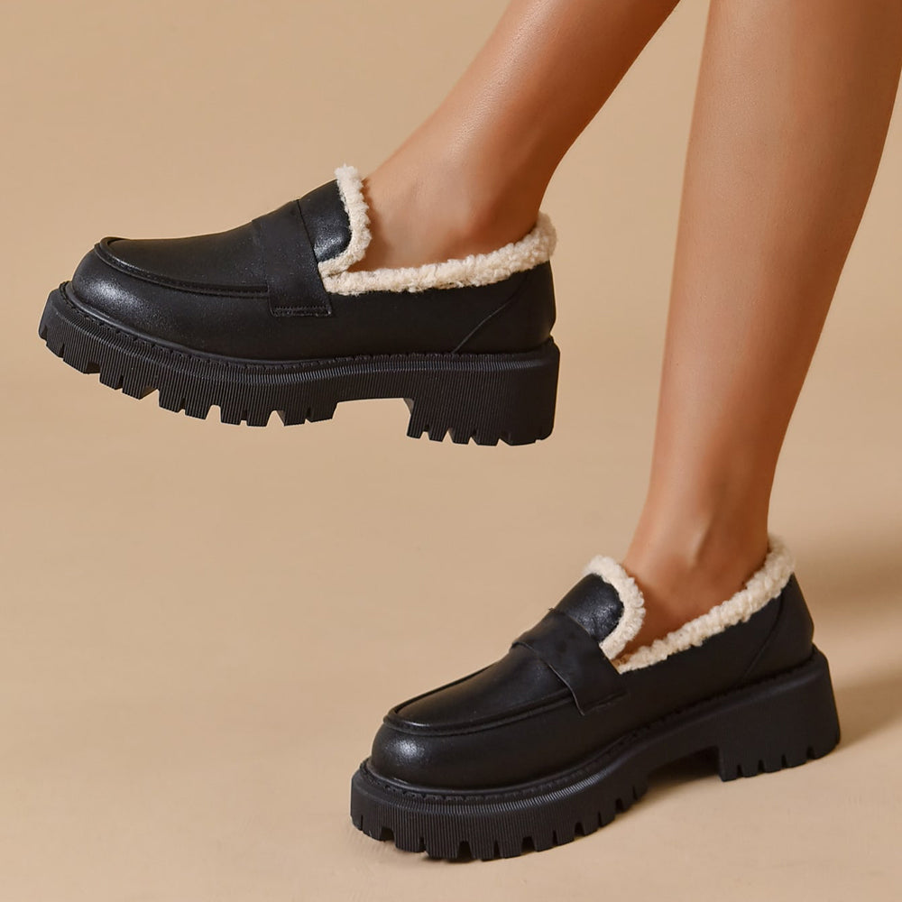 Classic Black Round Toe Lug Sole Shearling Trim Chunky Loafers