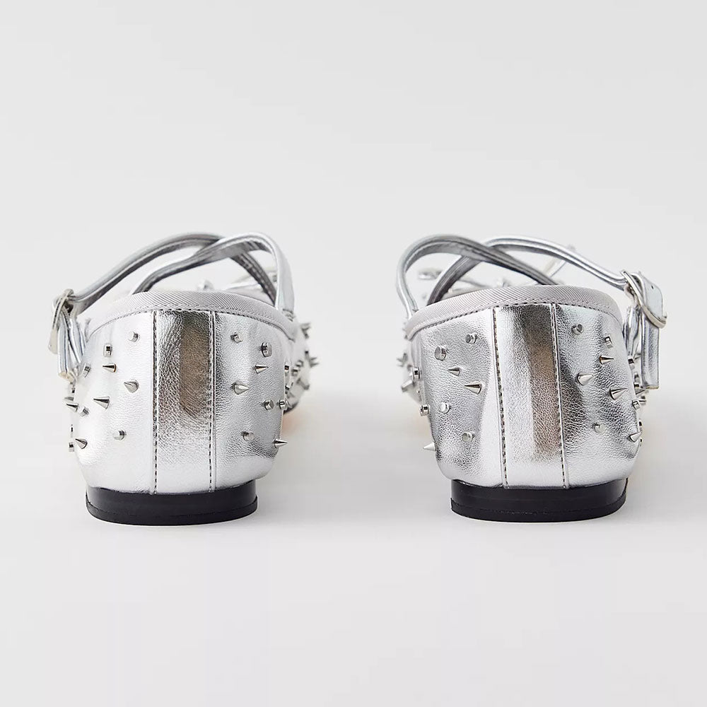 Silver Metallic Round-Toe Studded Bow Ballet Flats with Straps