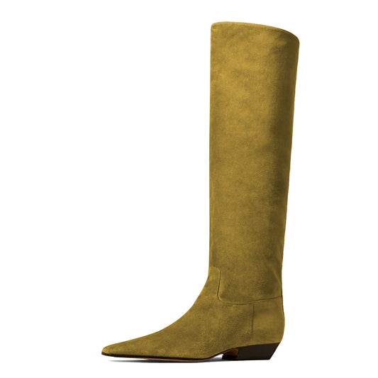 Vegan Suede Pull-On Square Toe Chunky Heel Knee High Boots in Olive