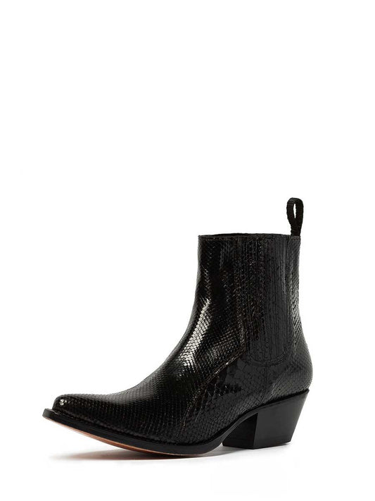 Black Vegan Leather Croc-Embossed Block Heel Cowgirl Ankle Boots