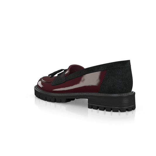 Maroon Patent Leather Round Toe Chunky Heel Fringe Loafers