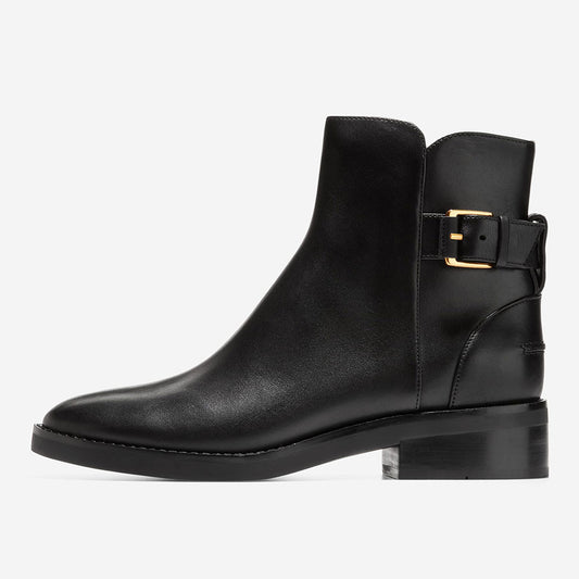 Black Round Toe Low Heel Buckle Strap Zipper Ankle Boots for Women