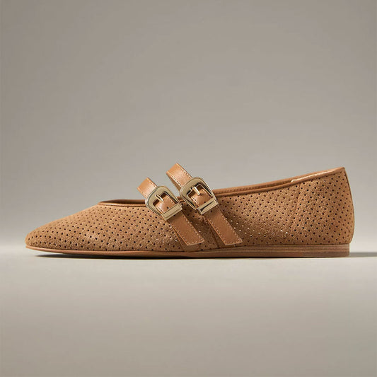 Women's Tan Perforated Round Toe Buckle Ballet Flats with Straps
