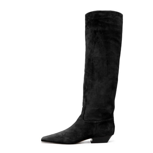 Black Vegan Suede Square Toe Knee-High Tall Boots with Low Heel