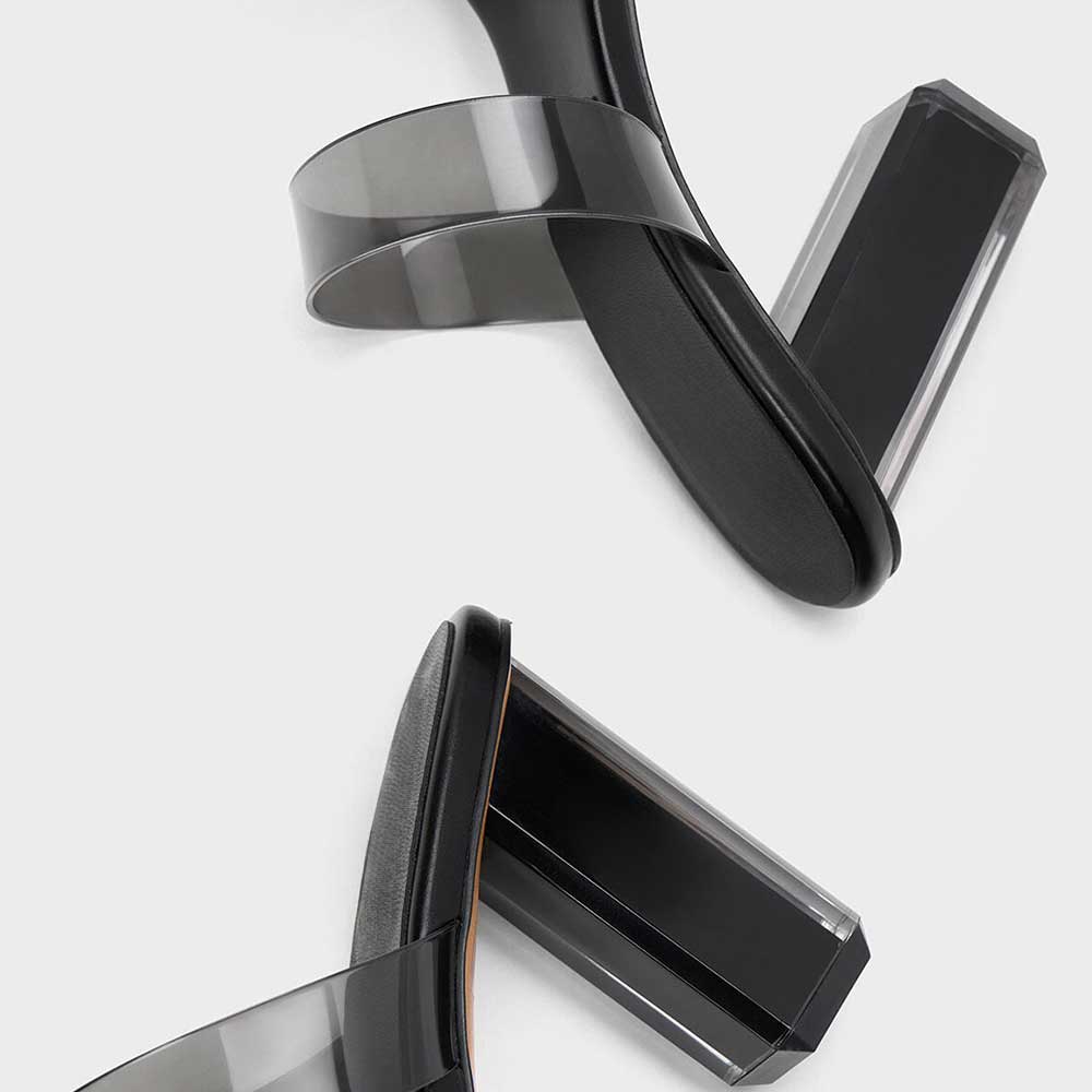 Black & Clear PVC Square Toe 4'' Chunky Heel Double Strap Mules