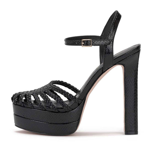 Black Woven Round Toe Chunky Heel Buckle Ankle Strap Platform Sandals