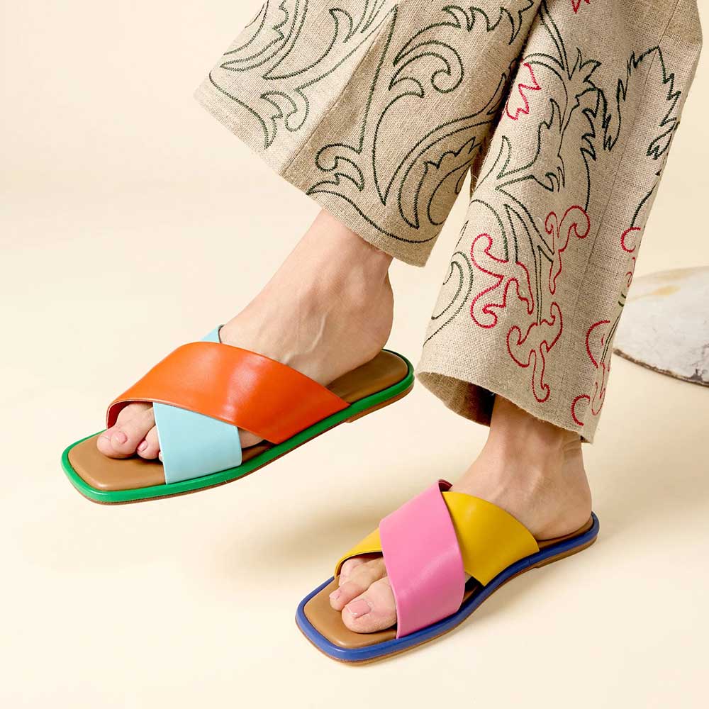 Women's Multi-Color Flat Square Toe Cross Strap Slip On Mules Sandals