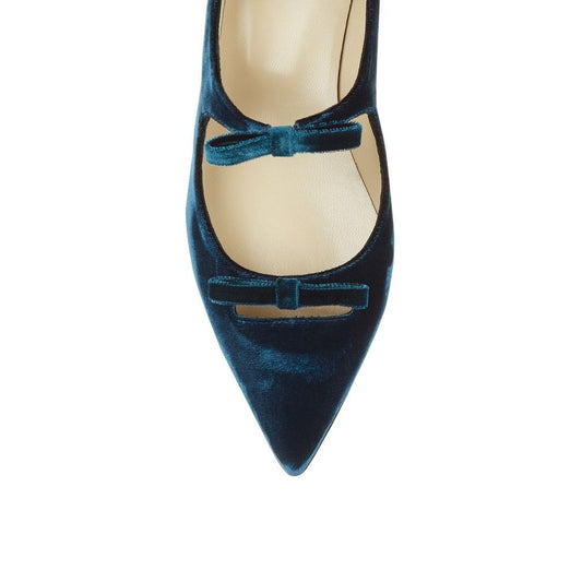 Teal Velvet Bows Embellished Pointed Toe Ankle Strap Mary Jane Flats