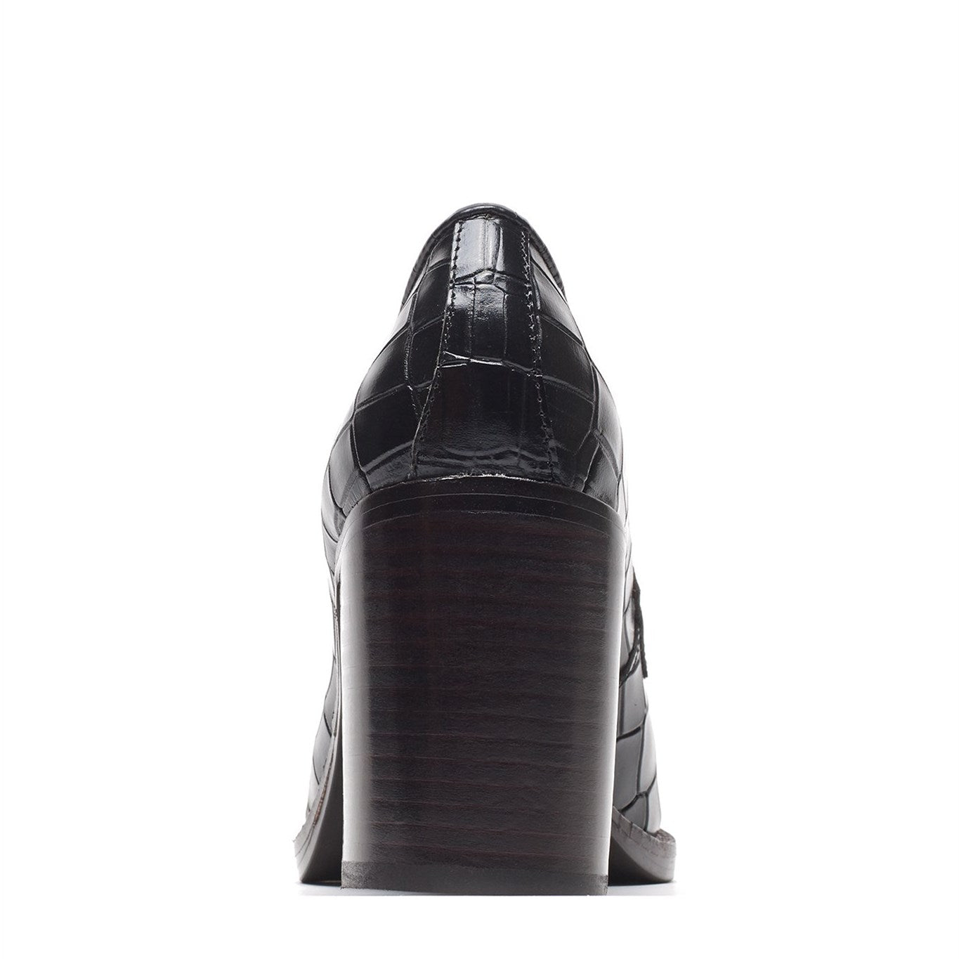 Black Round Toe Croco Embossed Heeled Loafers for Women