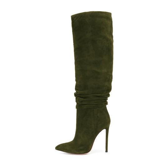 Pointed Toe Vegan Suede Stiletto Slouch Knee High Boots in Dark Green