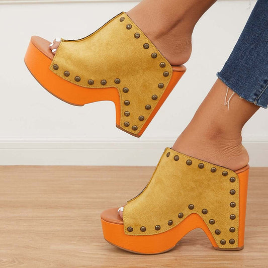 Yellow Vegan Suede Platform Mules Vintage Studded Heeled Clogs