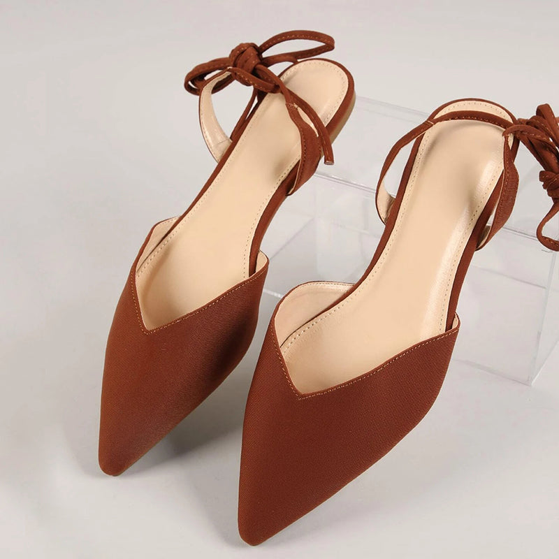 Brown Satin Pointed Toe Flats Lace Up Women's Trendy Shoes