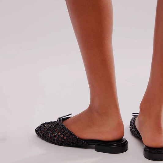 Black Vegan Leather Square-Toe Woven Slip-On Lady's Comfy Flat Mules