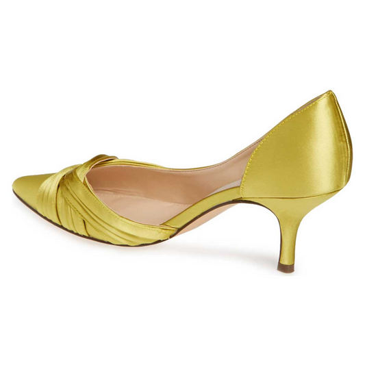 Yellow Satin Pointed Toe Slip-On Pleated Strap Kitten Heel Pumps