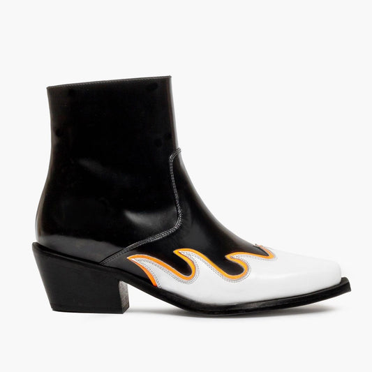 Black and White Block Heel Cowgirl Booties Pointed Toe Ankle Boots