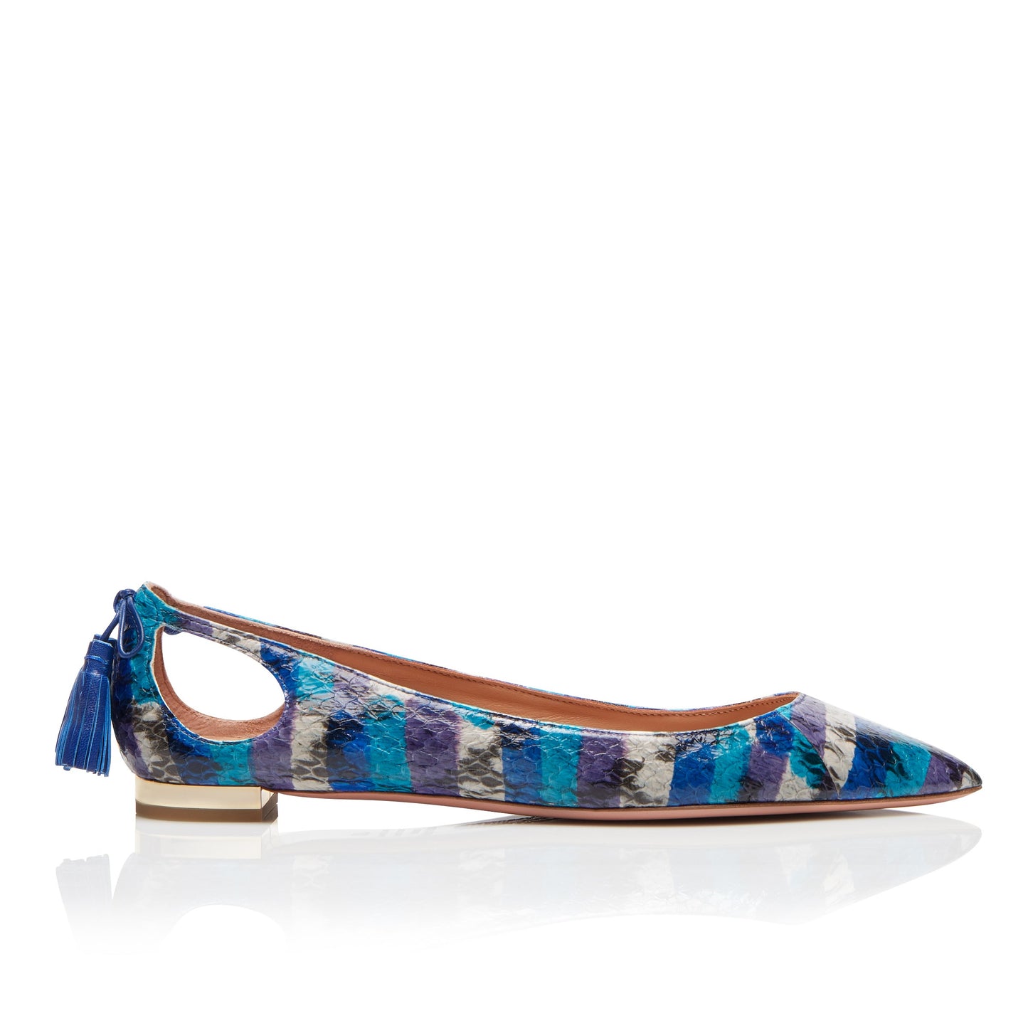 Blue Python Embossed Cut Out Women's Pointed Toe Flats with Tassels