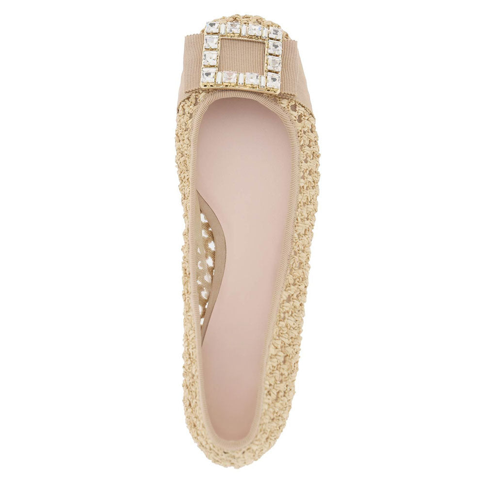Beige Raffia Square Toe Crystal Embellished Buckle Women's Dress Flats