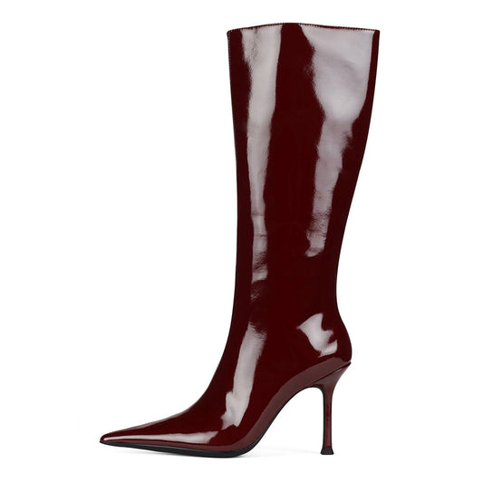 Chic Burgundy Stiletto Heel Mid Calf Boots with Pointed Toe