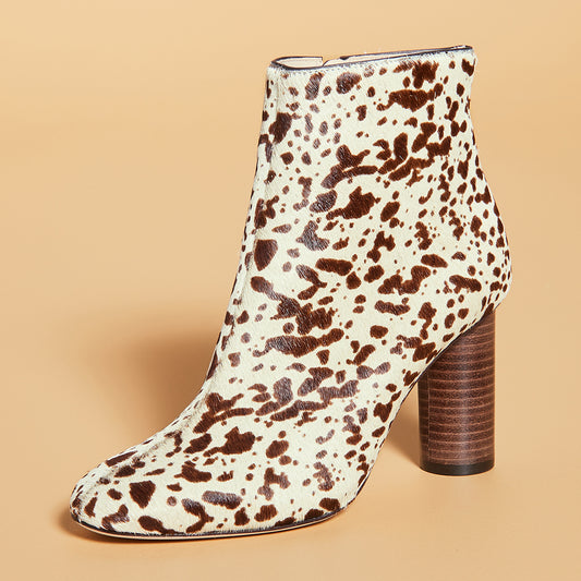 Beige & Brown Horse Hair Animal Print Cylinder Heel Ankle Boots