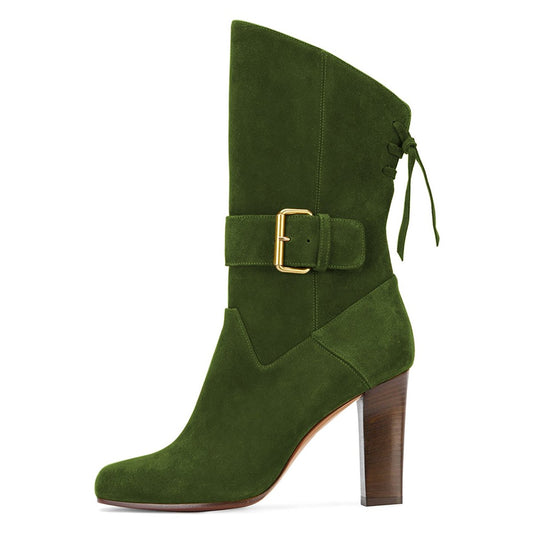 Green Vegan Suede Square Toe Back Lace Up Chunky Heel Mid Calf Boots
