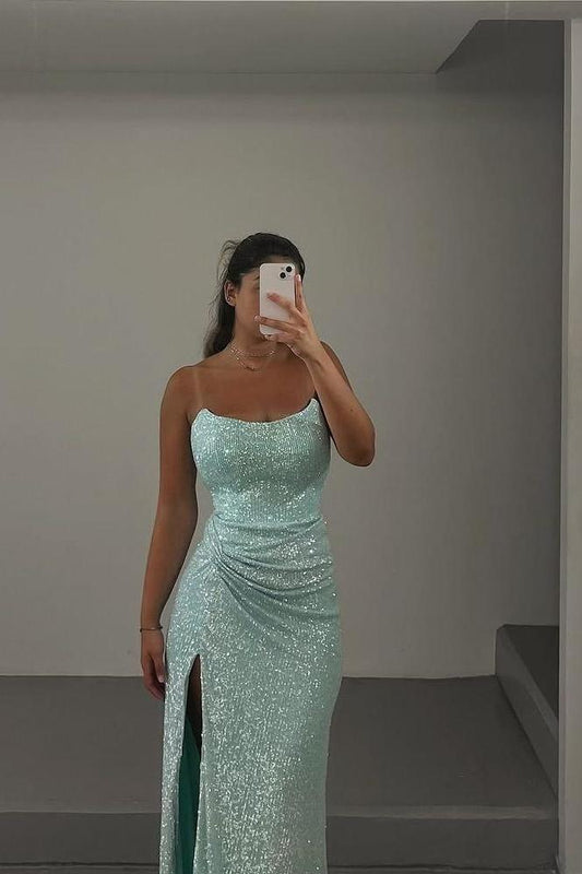 Shinning Mint Sequins Sleeveless Spaghetti Strap Long Pleated Prom Dress with Split cg25298