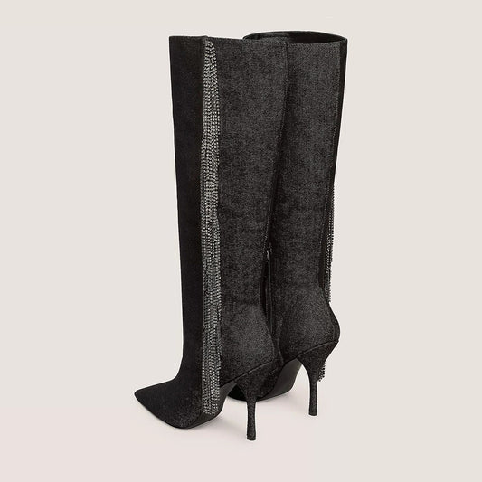 Pointed Toe Zip Rhinestone Fringe Knee High Boots in Dark Grey