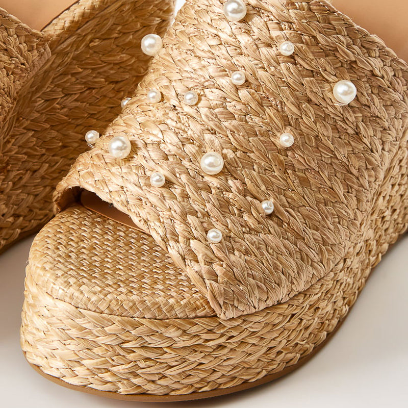 Nude Open Toe Wedge Heel Woven Platform Mules Summer Pearl Sandals