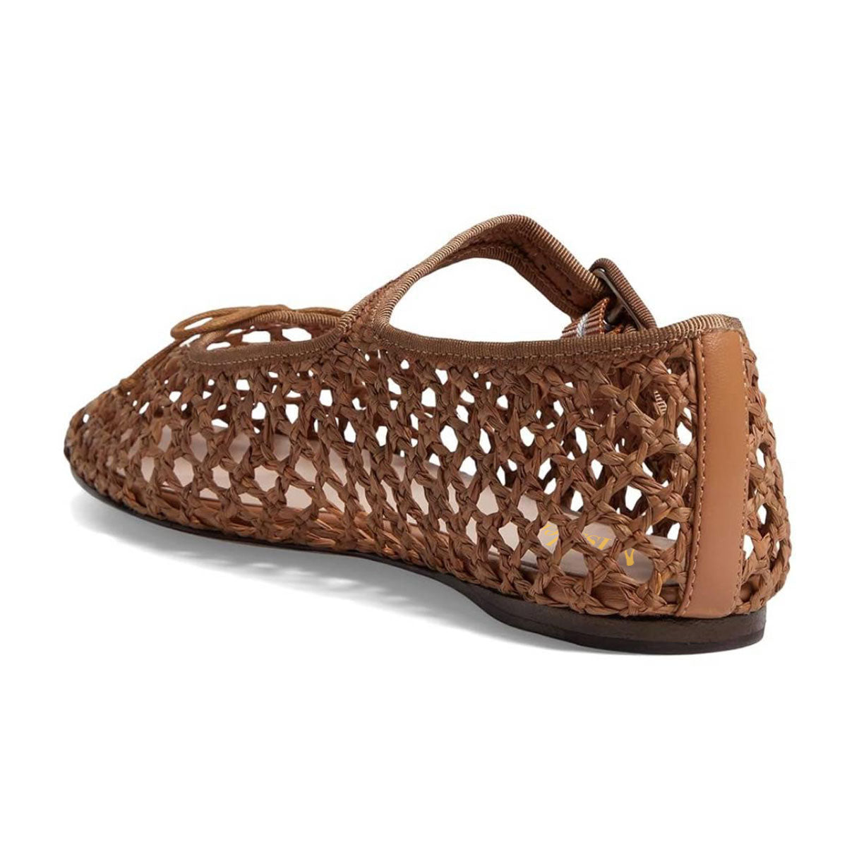 Brown Raffia Round Toe Cut Out Buckled Strappy Mary Jane Flats