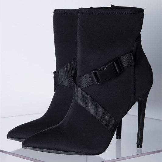 Black Buckle Stiletto Heel Ankle Boots