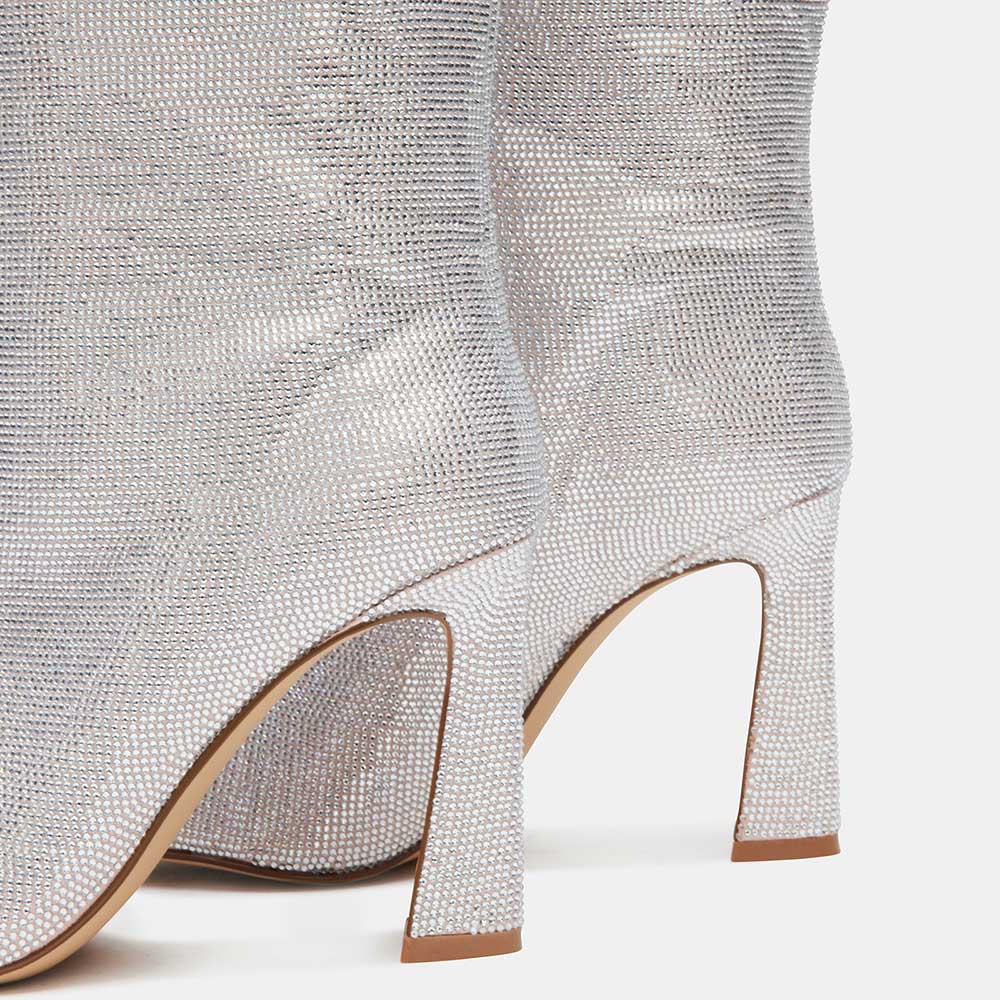 Silver Pointed Toe Flared Heel Rhinestone Wide-Calf Knee High Boots