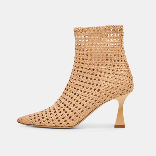 Tan Pointed Toe Woven Flared Heel Zipper Short Boots for Women